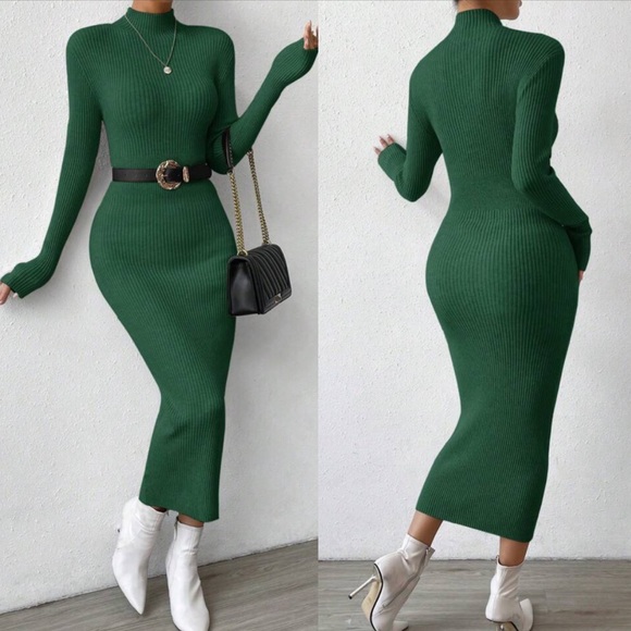 Sexy mock neck ribbed long sleeve bodycon fitted maxi sweater dress - Picture 2 of 16